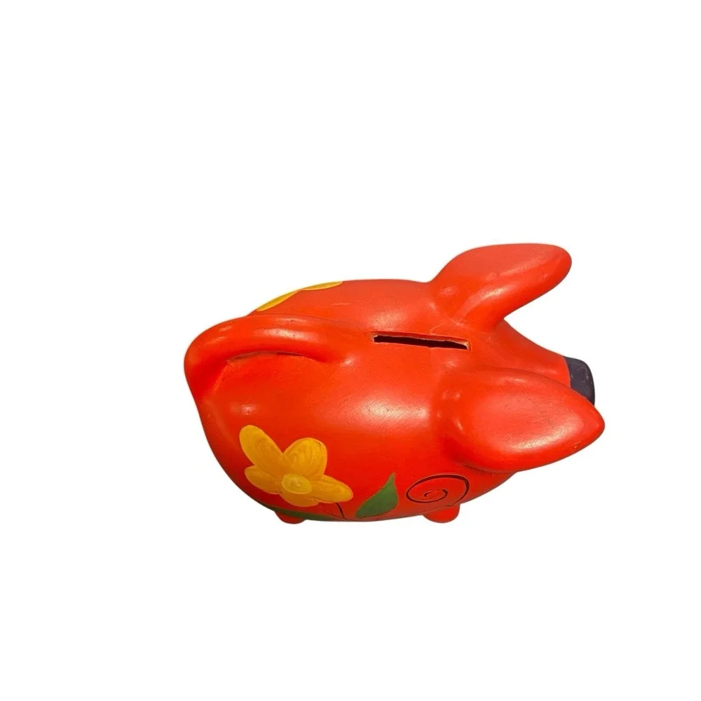 Folk Art Handpainted Piggy Bank Red/Yellow Flowers Tail Handle Ceramic Retro